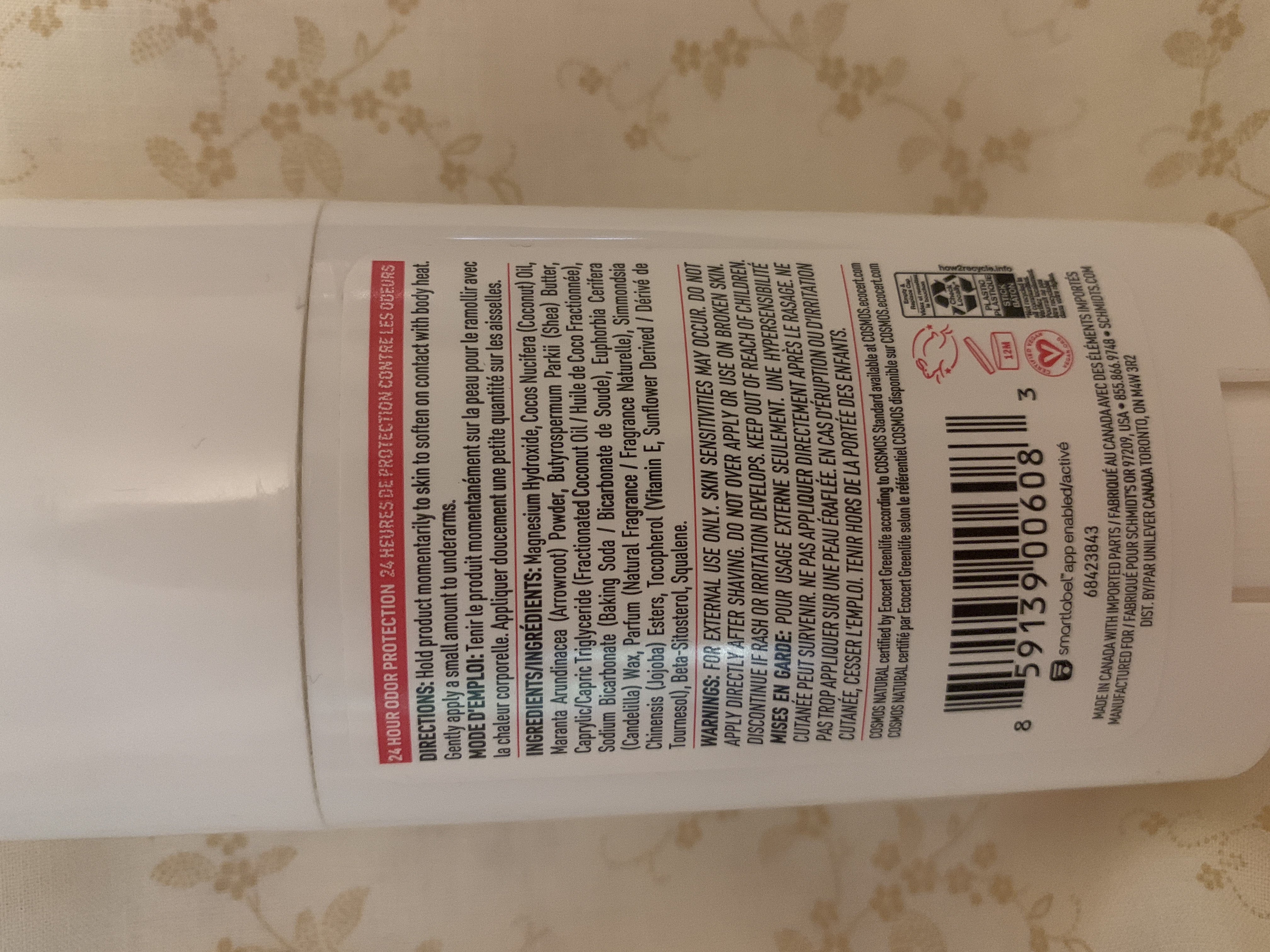 Schmidt's natural deodorant review, back of deodorant label